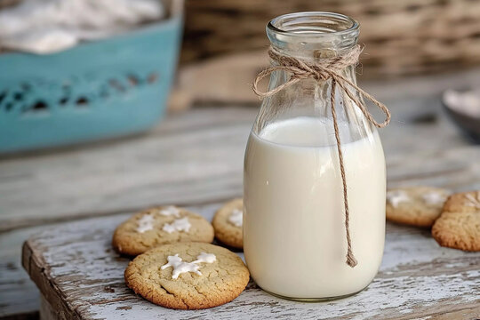 Rustic setting featuring a glass bottle of milk with cookies on a wooden table
