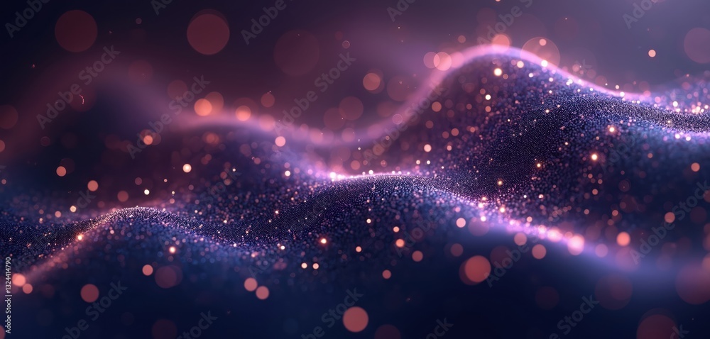 Poster Abstract wave background with blurred bokeh lights, surface made of tiny particles. Futuristic design features dynamic digital structure data technology concept. 3D rendering wallpaper ideal as