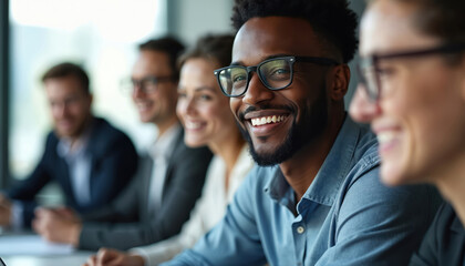 Obraz premium Smiling diverse colleagues during professional development training. Employees engaged in education program. Happy workers learn new skills, career progress, improvement, cognition, opportunity,