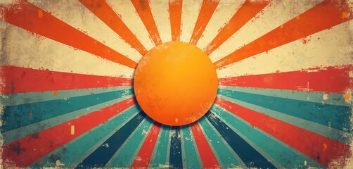 Grunge retro background banner with sunburst design, distressed worn texture. Colorful vintage style with vibrant rays. Decorative wallpaper with eclectic radial pattern, antique effect. Ideal for