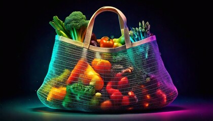 Vibrant eco bag filled with fresh vegetables illuminated by neon technology