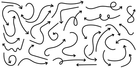 Set of simple lines in different directions. Set of simple black arrows. Sets of simple hand drawn lines with black arrows.