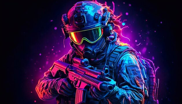 Dynamic airsoft player in vibrant neon colors ready for action in urban setting