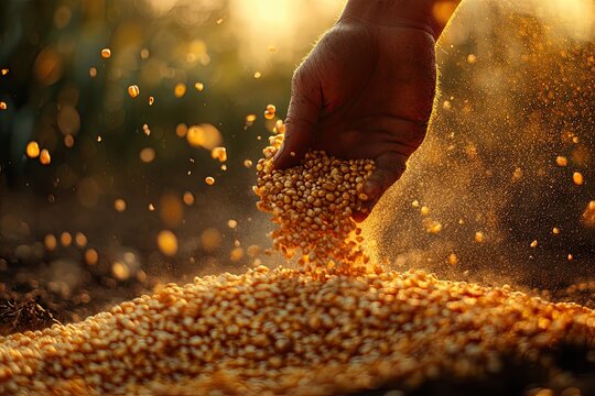 The farmer's hands pour golden corn kernels gently, showcasing agriculture, harvest, and abundance, ideal for themes involving farming, food, and nature