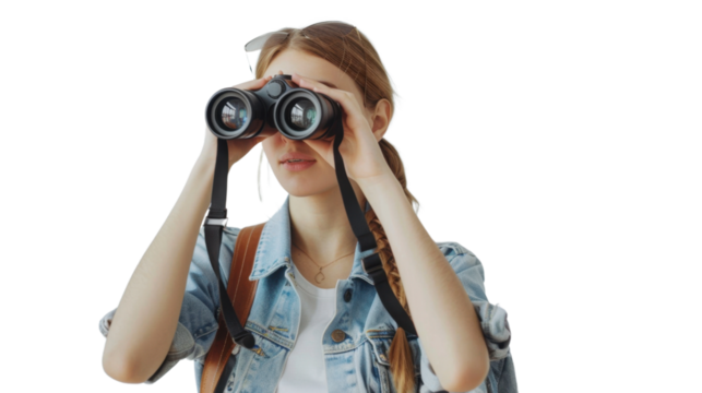 Young hiker exploring using binoculars with transparent background