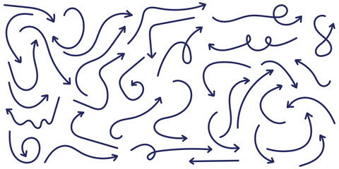 Blue Hand drawn vector arrow set. Arrow crayon brush doodle chalk line stroke. Sketch pencil texture line scribble arrow icon.