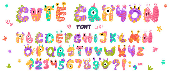 Little cute monster alphabet for baby design with funny cartoon letters for children. Kawaii font with numbers for invitation, greeting card, kindergarten banner. Vector hand drawn crayon illustration