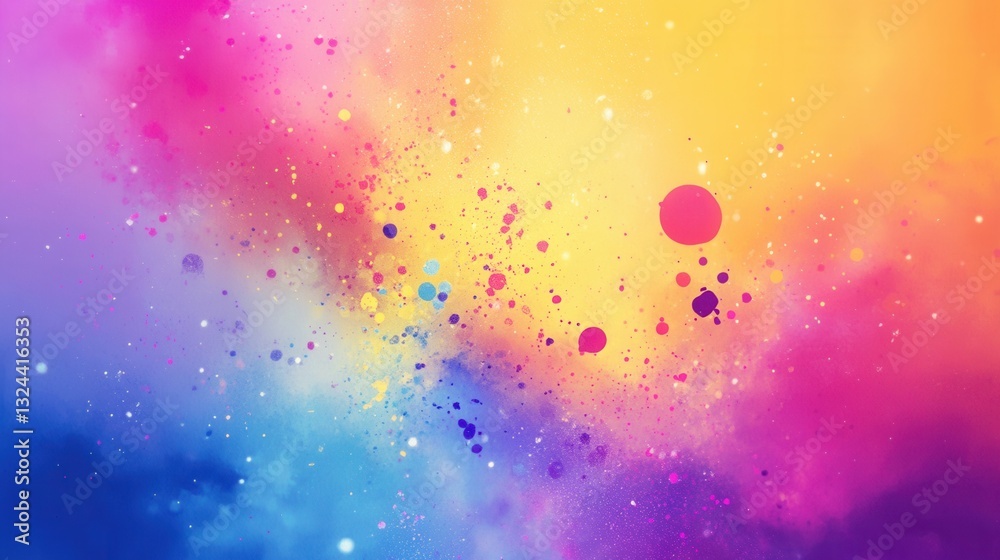 Poster vivid abstract background featuring iridescent splashes of color in yellow, pink, and blue with a te