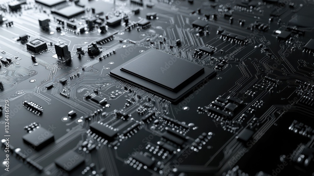 Poster a detailed, high tech black circuit diagram displayed on a clean white background, showcasing intric