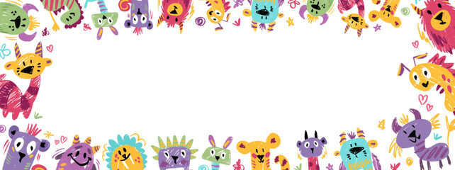 Monster party banner design. Cute creatures with text, copy space and colorful party elements. Vector cartoon hand drawn colorful crayon Illustration
