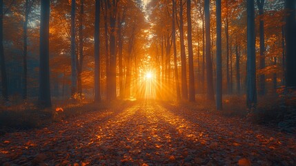 Fototapeta premium Sunlight Streaming Through Autumn Forest with Leaves on the Ground
