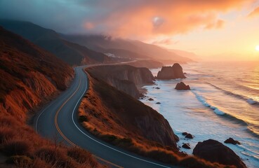 Fototapeta premium Scenic drive along Pacific Coast Highway, California at sunset. Ocean view, rugged cliffs, coastline create dramatic seascape. Travel destination for road trip along west coast.