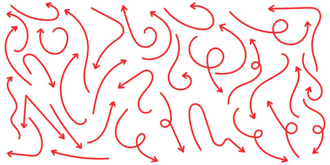 Hand drawn thin line arrows set. Arrow icon. Doodle arrow. Collection different arrows sign. Many vector curvy and wavy arrows. Red hand drawn doodle arrow set .