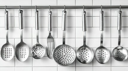 Utensils hanging from a rod on a tiled wall. Metal kitchen tools