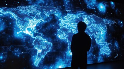 Glowing blue world map with fiber optic connections