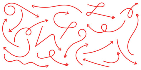 Hand drawn thin line arrows set. Arrow icon. Doodle arrow. Collection different arrows sign. Many vector curvy and wavy arrows. Red hand drawn doodle arrow set .