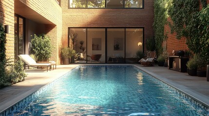 Fototapeta premium Sunlit Courtyard Pool, Brick Home, Lush Greenery