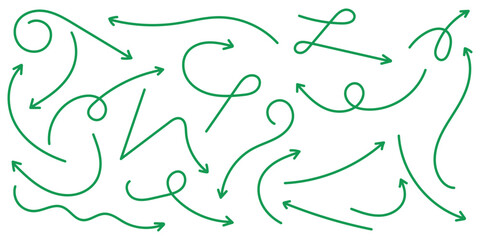 Hand-drawn green arrows icons vector design. Swirls arrows doodle lines icon set