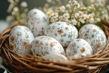 Fototapeta premium Decorated eggs nestled in a woven basket surrounded by fresh white flowers in a cozy setting
