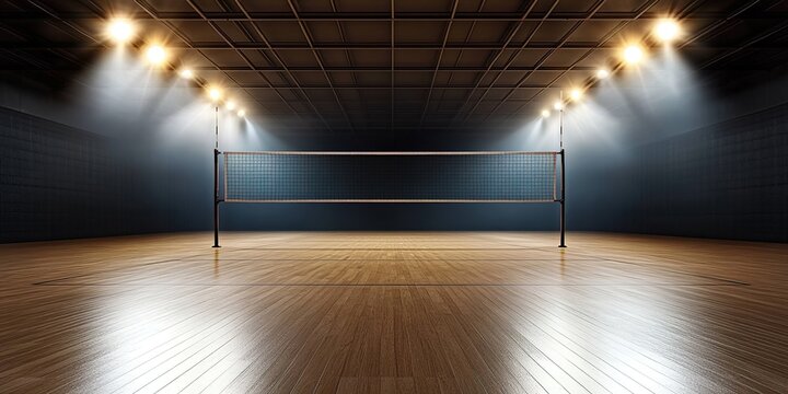 Vibrant indoor volleyball court with spotlights illuminating the scene, showcasing an empty wooden floor and net in high definition.