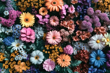 Vibrant Floral Arrangement with Diverse Colorful Flowers and Green Foliage Displaying Nature's Beauty