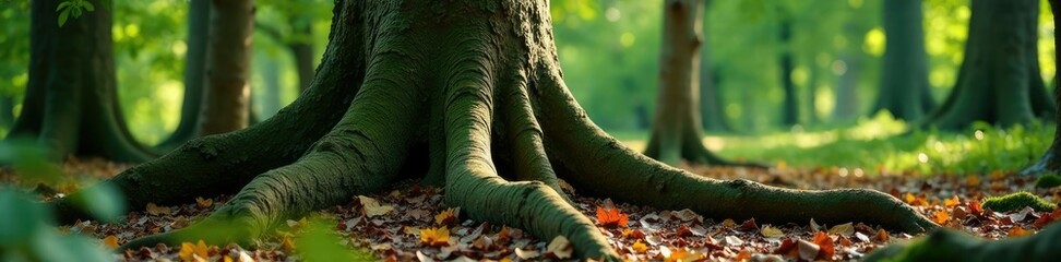 Tree with gnarled trunk and twisted roots exposed, tree trunks, forest floor