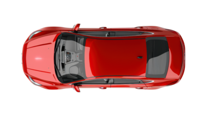 Modern red generic sedan car showing interior and roof in top view with transparent background
