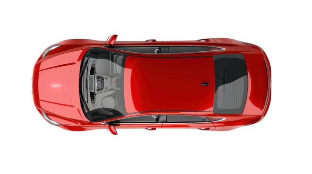 Modern red generic sedan car showing interior and roof in top view with transparent background