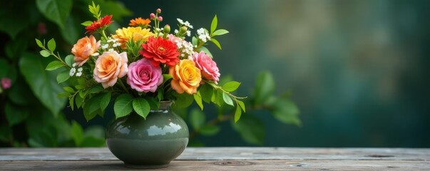 Obraz premium Vase filled with colorful flowers and lush greenery, greenery, floral arrangements