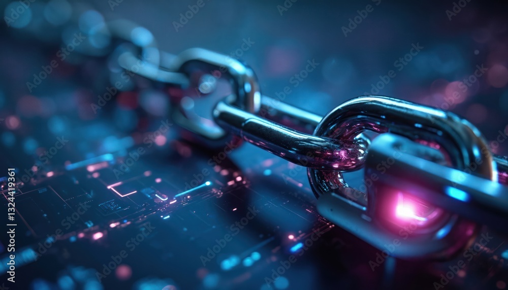 Fototapete Close-up of metal chain laying on hi-tech circuit board. Data loss prevention security framework protecting sensitive data against breaches on corporate network. Cyber security abstract background.