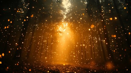 Enchanting Forest Scene with Golden Light and Glowing Particles
