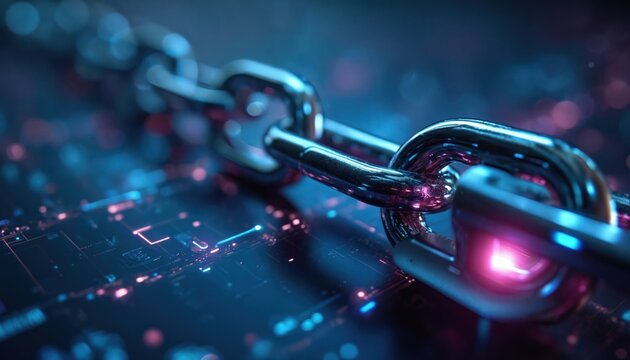 Close-up of metal chain laying on hi-tech circuit board. Data loss prevention security framework protecting sensitive data against breaches on corporate network. Cyber security abstract background.