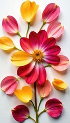 Fototapeta premium colorful flower petals unfolding on white surface, flowers, color
