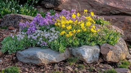 Obraz premium Vibrant alpine wildflowers bloom among rough, textured rocks in natural sunlight