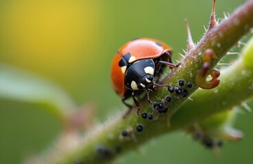 Obraz premium Ladybug beetle crawls on plant stalk eating aphids. Predator bug as biological protection from plant louse. Red insect pest control, natural eco gardening and farming.