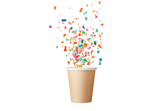 colorful party cup with streamers and confetti, transparent background, PNG