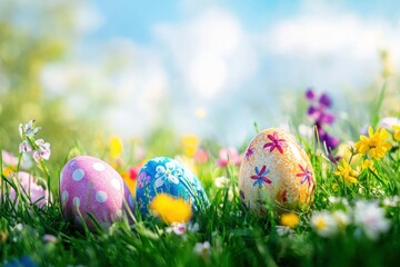 Colorful Easter Eggs Surrounded by Blossoming Flowers and Lush Grass Under a Blue Sky