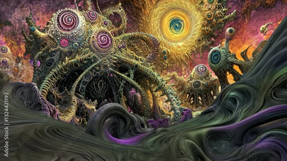 Wall mural surreal alien landscape with swirling forms and colorful celestial patterns in a cosmic setting at s