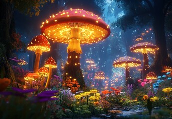A glowing mushroom forest at night, with mushrooms of various sizes and colors in the trees, surrounded by flowers.