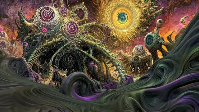 Surreal alien landscape with swirling forms and colorful celestial patterns in a cosmic setting at sunset
