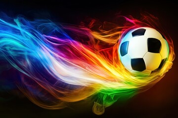 Obraz premium Vibrant Soccer Ball with Colorful Smoke Trails on Dark Background for Dynamic Sports Imagery