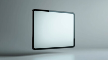 A futuristic floating glass tablet with a sleek, minimalistic design. A concept of next-gen technology featuring a transparent screen and touchless gesture control, set against a modern background.