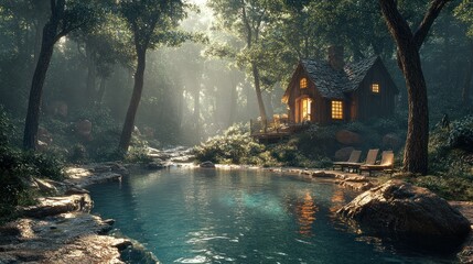 Sunlit forest cottage by tranquil stream