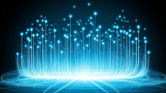 Cybernetic Surge: An abstract representation of technological data streams with vibrant, glowing blue lines cascading upwards, embodying connectivity, innovation, and digital progress.