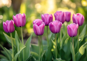 Fototapeta premium A group of purple tulips blooming in the garden, with green leaves and a blurred background.