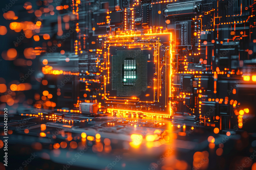 Poster glowing ai chip with intricate circuits, symbolizing advanced artificial intelligence and futuristic