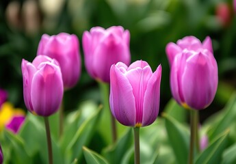 A group of purple tulips blooming in the garden, with green leaves and a blurred background.