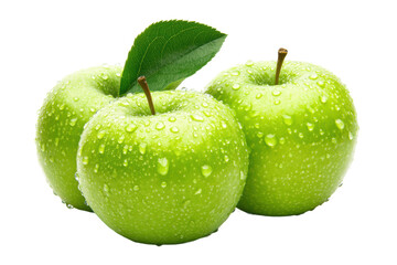 Fresh green apples with water droplets close up, cut out