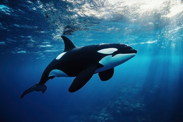 Obraz premium Majestic Orca Swimming Gracefully Through Crystal Clear Ocean Waters Beneath Sunlight