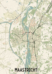 This is a detailed map of Maastricht, a city in the Netherlands. The map features a beige background with black lines representing streets and roads. A prominent river winds through the city.
